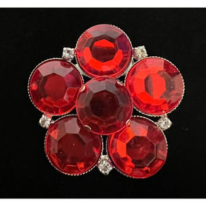 VTG Brooch Rhinestones Flashy Faux Ruby Clear Crystal Flower Shape Bling